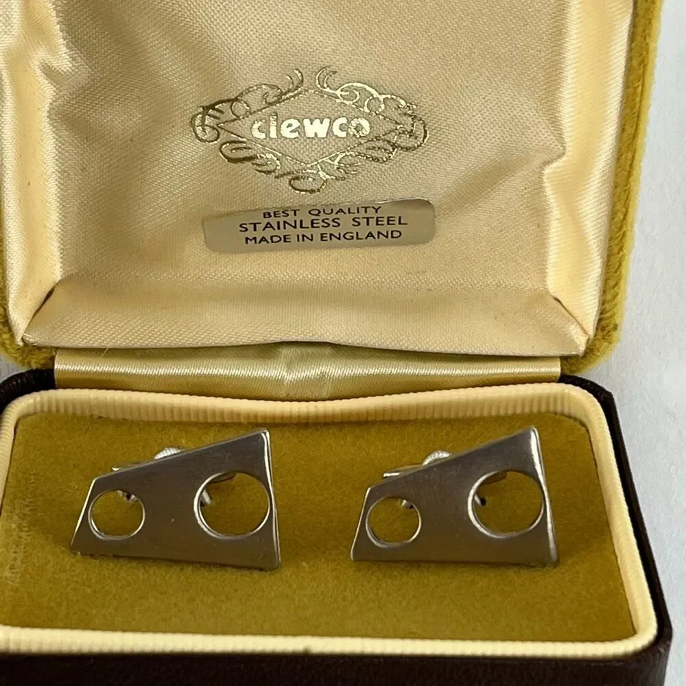 Vtg MCM Clewco Stainless Steel Cufflinks Shiny Silver Tone Geometric England NIB